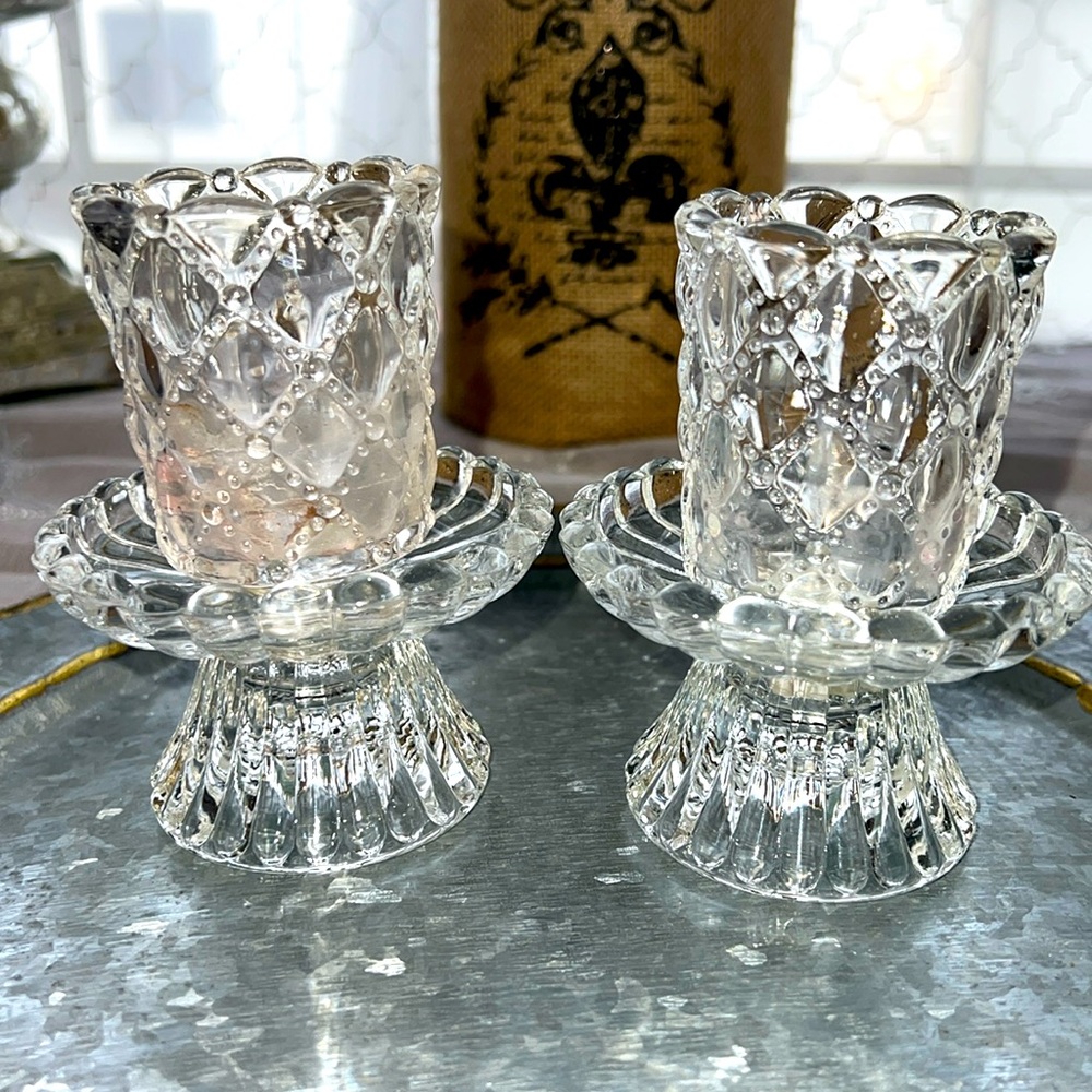 PartyLite Quilted Clear Crystal Votive/Taper Candle Holders Pair  Collectible